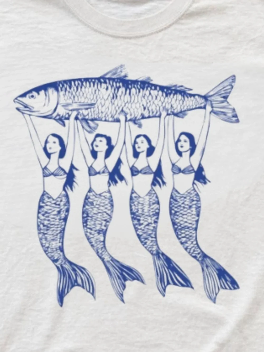 Gildan White Tee with Blue Mermaid Quartet and Fish Graphic
